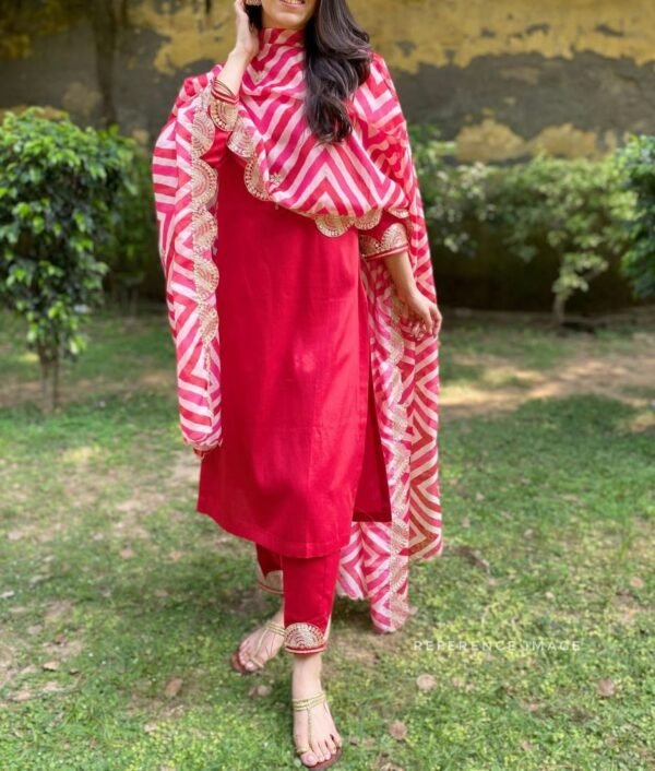 Women's Red Cotton Silk Kurta Set