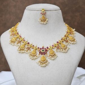 Premium Golden Polish Lakshmi Devi Necklace Set