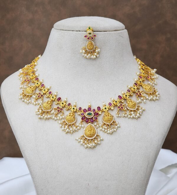 Premium Golden Polish Lakshmi Devi Necklace Set