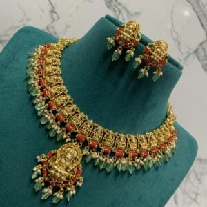 Goddess Lakshmi Devi Necklace Set with Green Color Beads, Pearls and Corals and Pair of Ear Rings